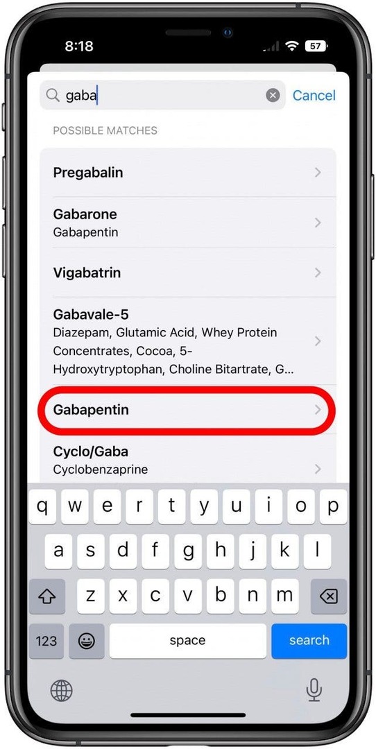 추가할 새 약물을 검색하는 화면의 건강 앱. 부분 검색어가 입력되었으며 제안 목록의 항목이 표시됩니다.