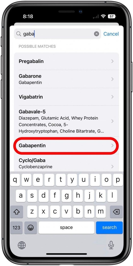 Aplicativo de saúde na tela para procurar um novo medicamento para adicionar. Um termo de pesquisa parcial foi inserido e uma entrada na lista de sugestões foi marcada.