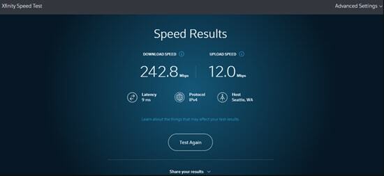 Xfinity ātruma tests