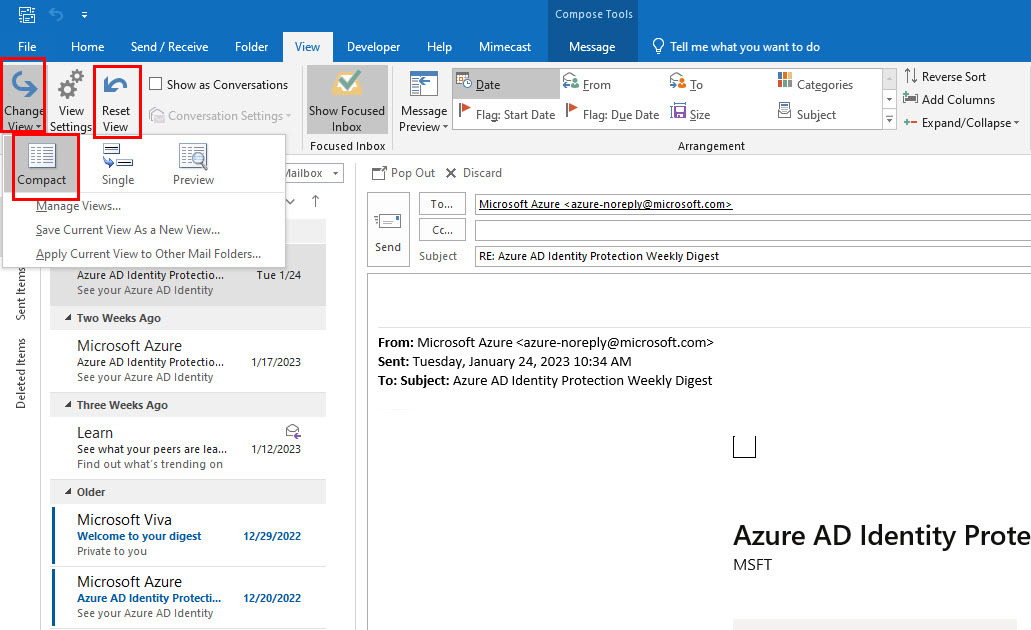 Vizualizare e-mail Outlook Schimbat Remediat folosind Resetare din meniul Vizualizare