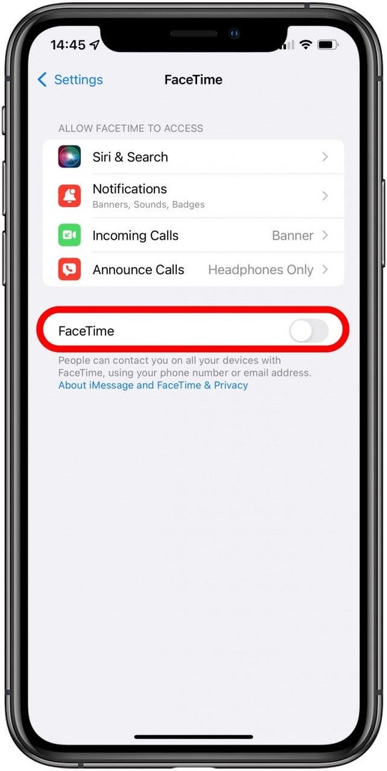 Lülitage FaceTime välja – imesõnum ja facetime ei tööta	