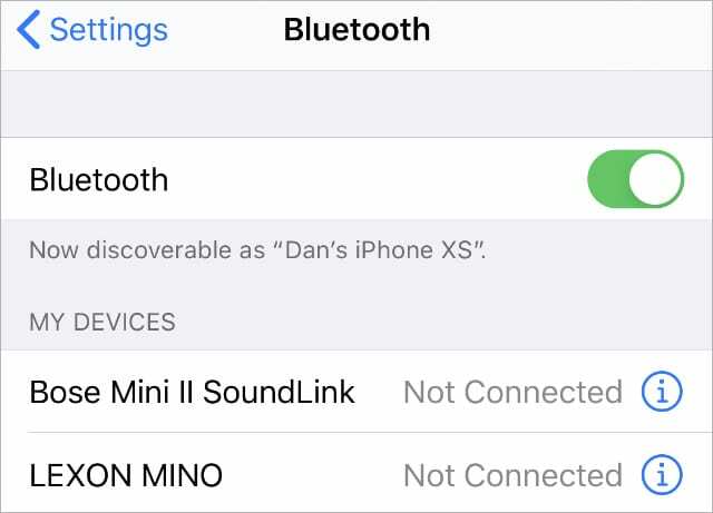 Bluetooth-eszközök az iPhone beállításaiban