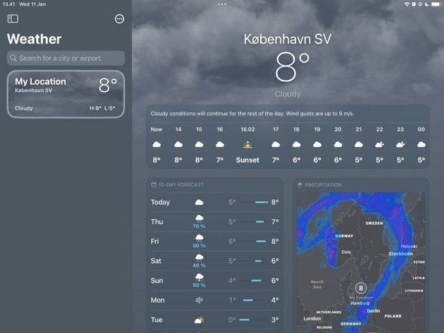Στιγμιότυπο οθόνης που δείχνει την πρόγνωση του καιρού για μια πόλη στην εφαρμογή Καιρός στο iPad