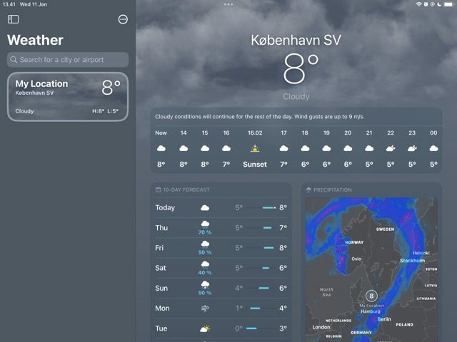 Skjermbilde som viser værmeldingen for en by i Vær-appen på iPad