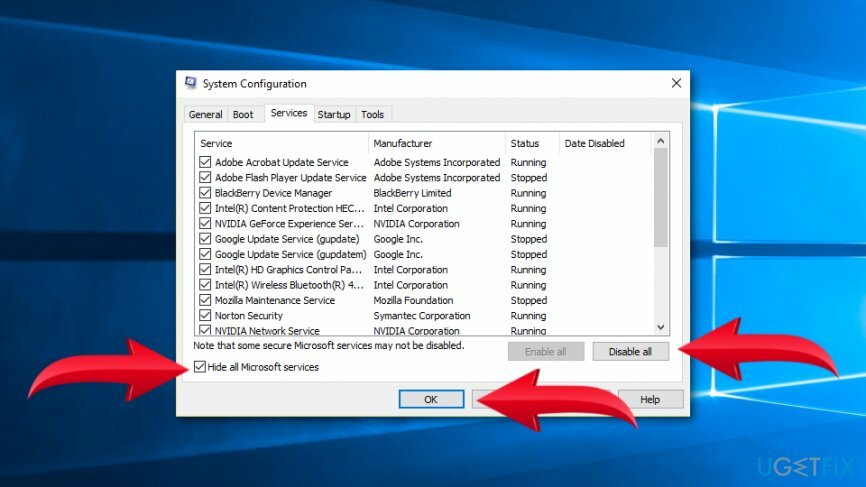 Haga clic en " Ocultar todos los servicios de Microsoft"