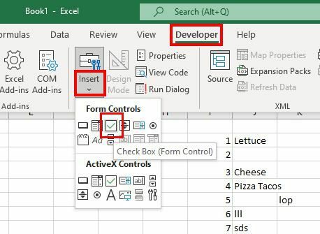 Utvecklare Excel Insert