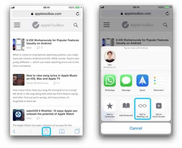 Dva snímky obrazovky iPhone ukazující, jak uložit položky do seznamu čtení