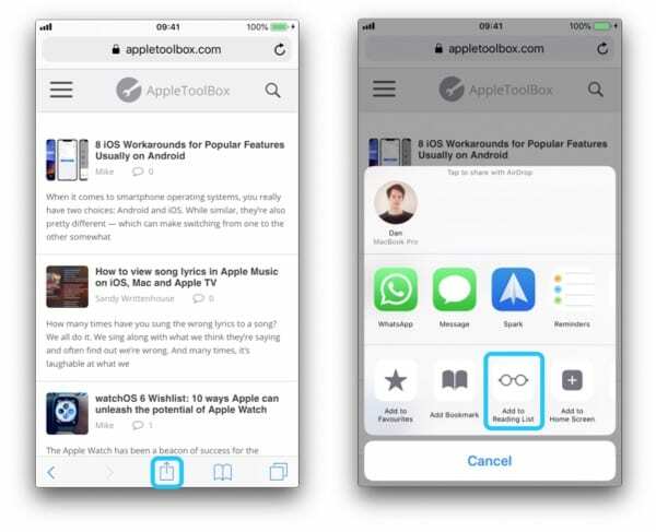 Два знімки екрана iPhone, які показують, як зберігати елементи до списку читання