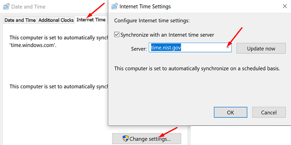 time.nist.gov-inställningar