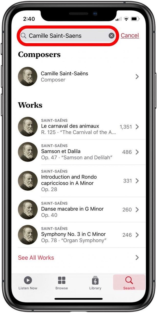 scheda di ricerca dell'app classica di Apple Music
