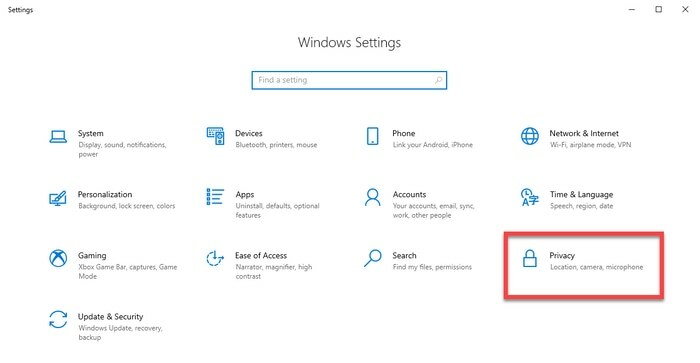 Sélectionnez le paramètre Confidentialité dans Windows