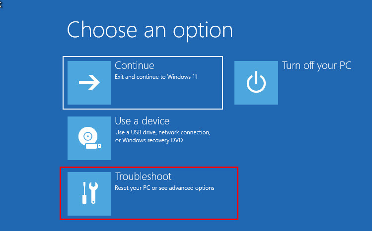Wählen Sie auf der WinRE-Umgebungsseite Problembehandlung aus, um das BIOS unter Windows 11 aufzurufen