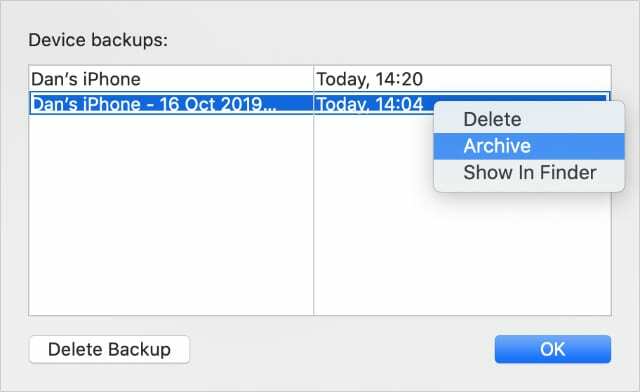 Arquive a opção de backup do iPhone no Finder no macOS Catalina