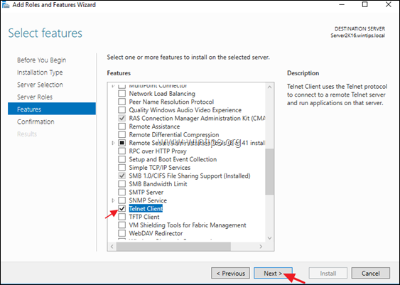 Instalați Telnet Client Feature Server 201920162012