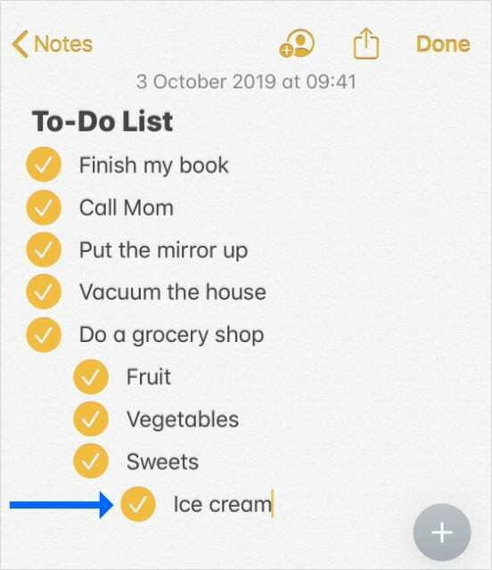 Eingerückte Checkliste in Notes iOS 13