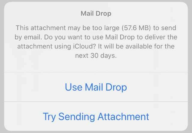 „Mail Drop“ priedo dydžio pranešimas „iPhone“.