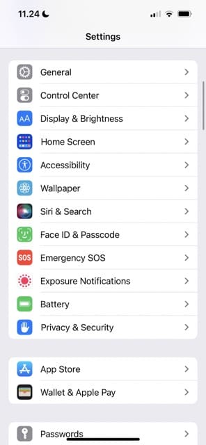 Snímka obrazovky zobrazujúca rozhranie aplikácie iPhone Settings App