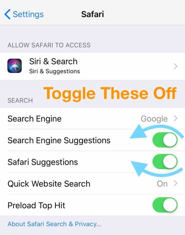 отключить предложения Safari в приложении «Настройки» iPhone