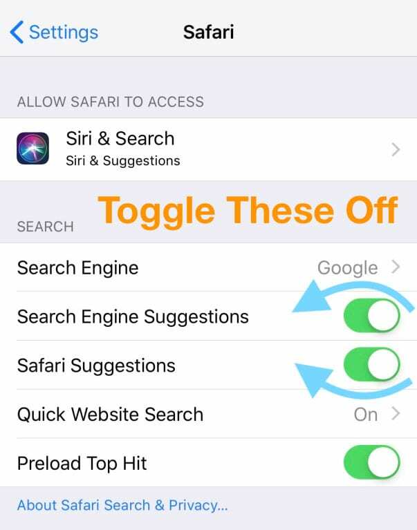 kapcsolja ki a Safari javaslatokat az iPhone Beállítások alkalmazásban