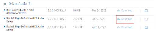 Selecione a opção Download para o driver de áudio mais recente