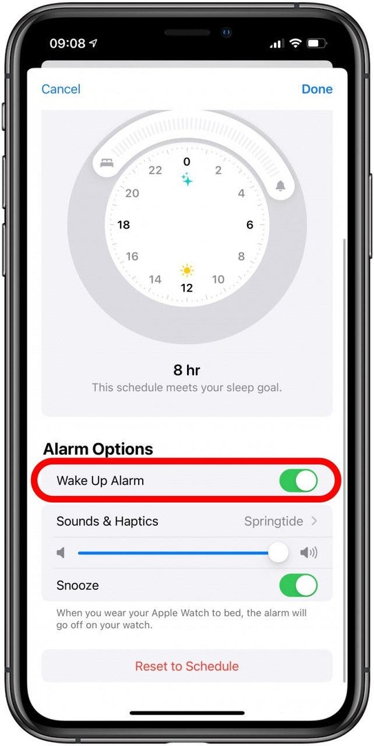 În Opțiuni de alarmă, puteți comuta alarma de trezire.