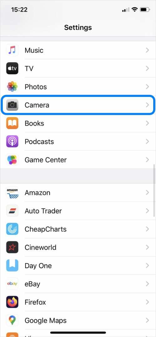 iPhone ayarları uygulamasında kamera seçeneği