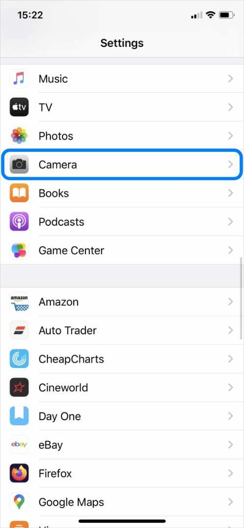 ตัวเลือกกล้องในแอพตั้งค่า iPhone