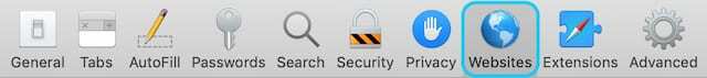 Option de sites Web dans les préférences de Safari.