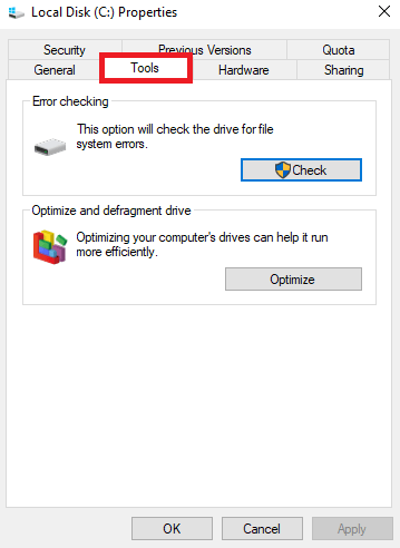 Propriétés du disque local c - sous-onglet Outils