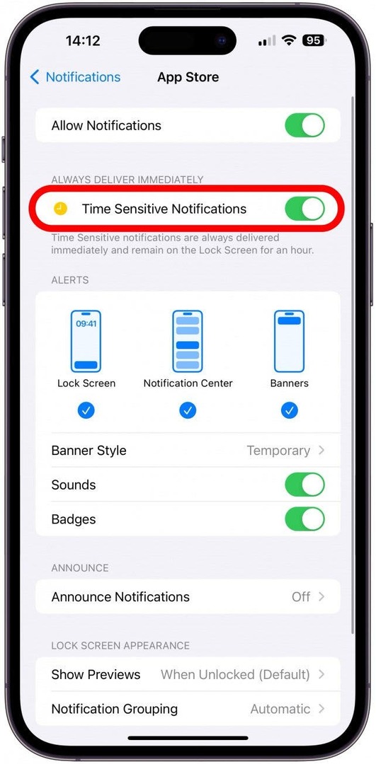 Nonaktifkan Notifikasi Sensitif Waktu (dari hijau ke abu-abu.)