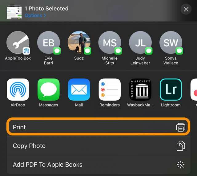 Akcja drukowania u góry arkusza udostępniania w iOS 13 i iPadOS