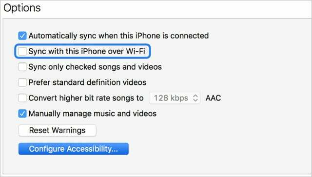 Opzione iTunes per sincronizzare iPhone tramite Wi-Fi