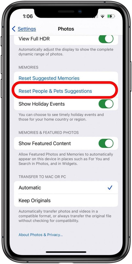 tryk på nulstil forslag til personer og kæledyr i iphone- og ipad-indstillinger