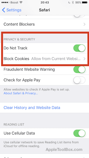 قم بإعداد Do Not Track على iPhone