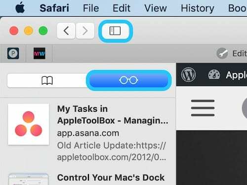 Képernyőkép a Safariról a macOS-ben, amely az Olvasólistára navigál