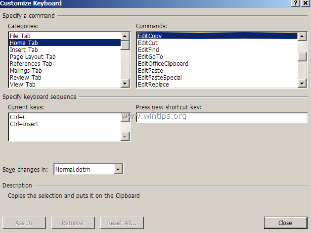 commandes de touches de raccourci de mot