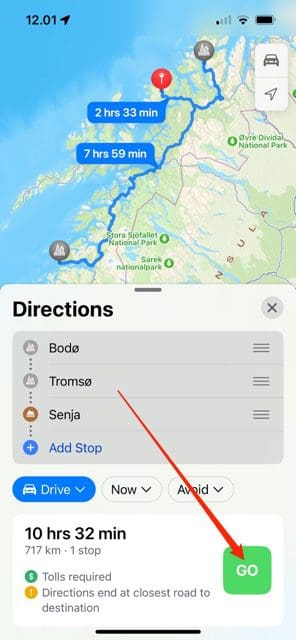 Snímek obrazovky zobrazující tlačítko Přejít v Mapách na iOS 16