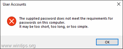 DÜZELTME: Sağlanan parola, Windows 10'daki parola gereksinimlerini karşılamıyor 