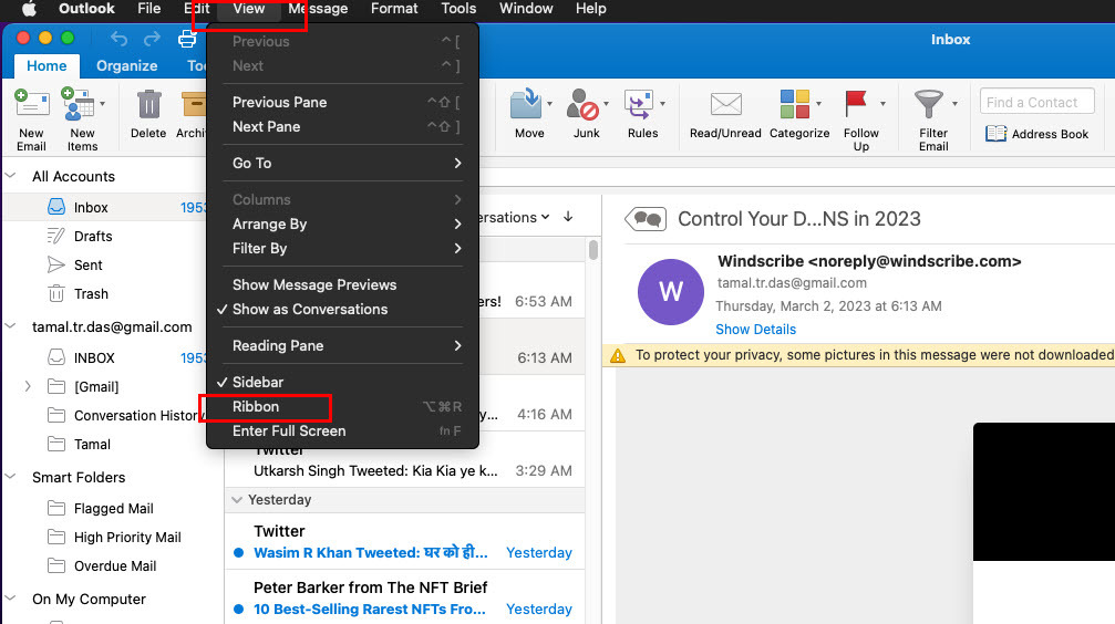 ยุบหรือขยาย Ribbon บนแอป Outlook for Mac ใหม่