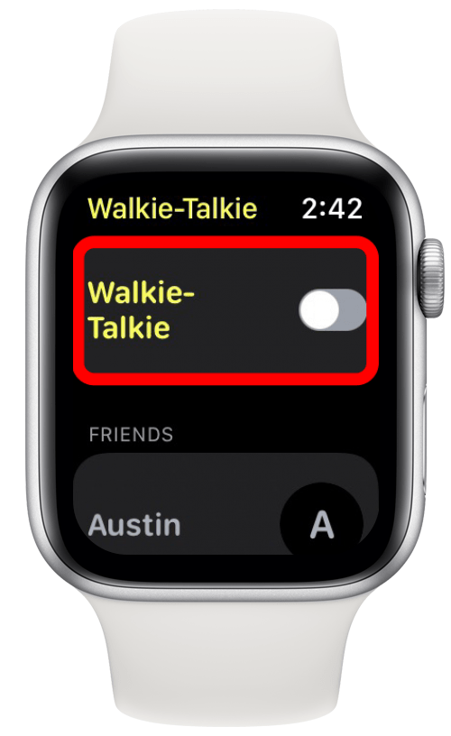 Kai pridėsite draugą, bakstelėkite jungiklį, kad įjungtumėte arba išjungtumėte „Walkie-Talkie“.