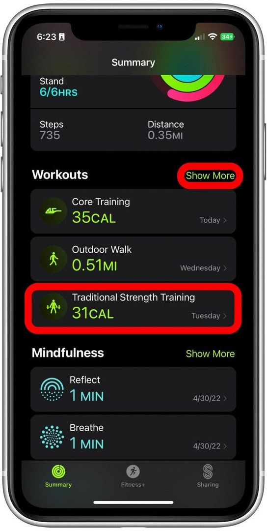Velg en treningsøkt der du vil se pulsdataene dine, eller trykk på Vis mer for å se flere treningsøkter. 