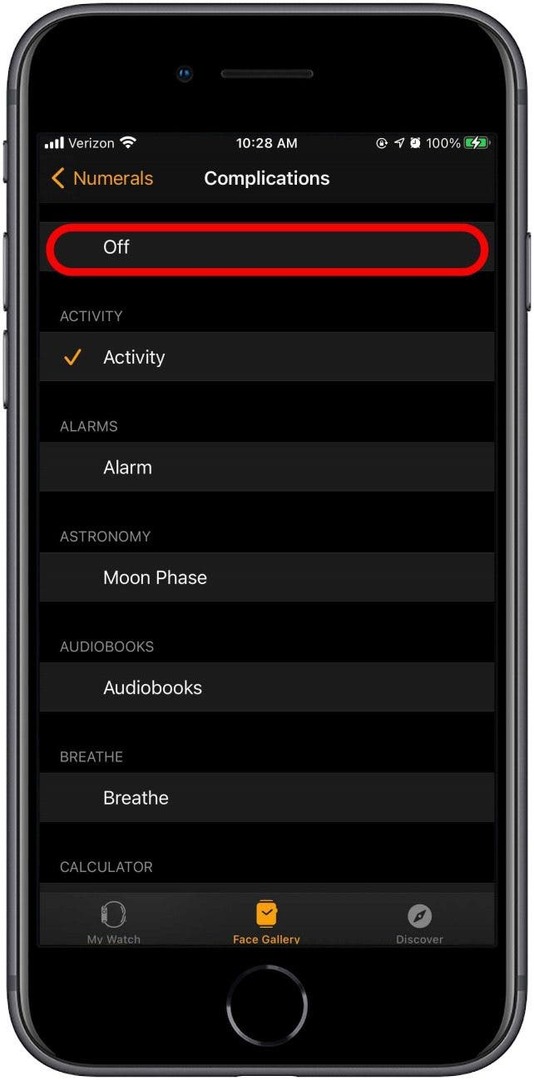 Tryk på Fra øverst på skærmen for at deaktivere komplikationer og spare Apple Watchs batterilevetid
