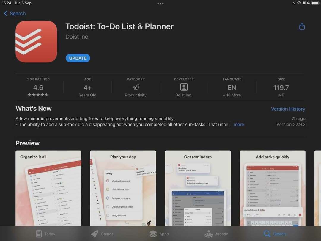 Képernyőkép a Todoist iPad alkalmazásról az App Store-ban