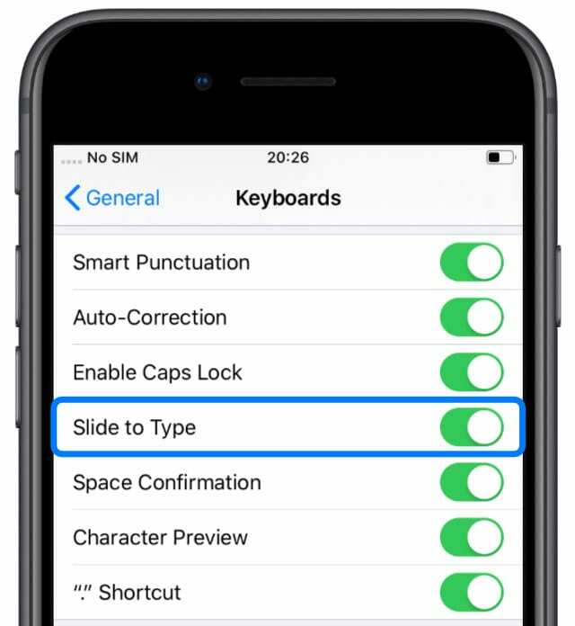 Možnost Slide to Type v nastavení klávesnice iOS 13 na iPhonu 8