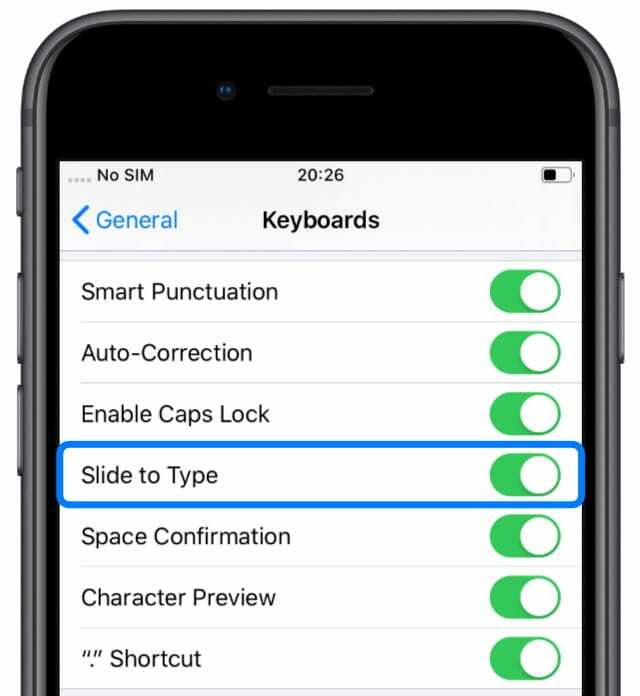 Opción Deslizar para escribir en la configuración del teclado iOS 13 en iPhone 8