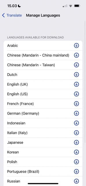 Apple 번역에서 다운로드할 수 있는 옵션 목록을 보여주는 스크린샷