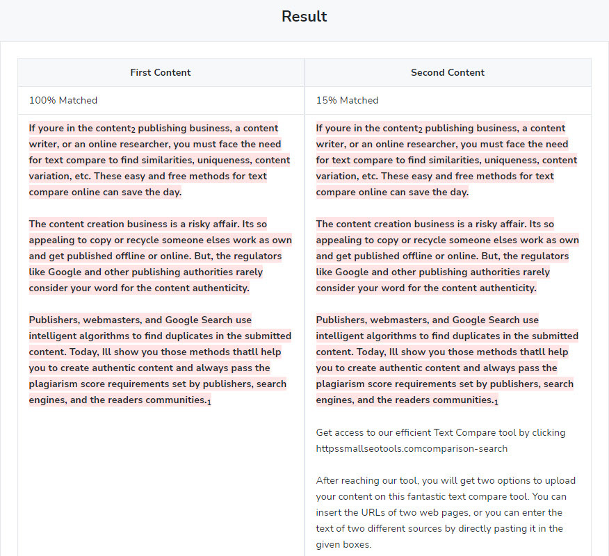 نتائج مقارنة النص من SmallSEOTools