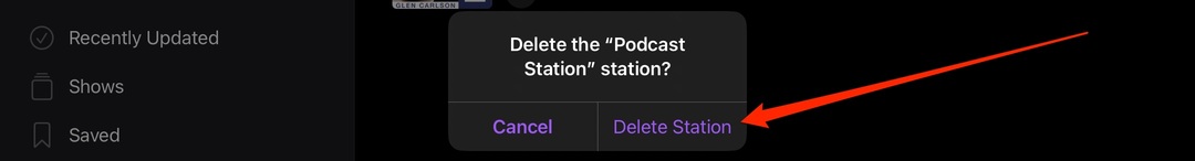 A Podcast Station törlése az Apple Podcasts képernyőképen