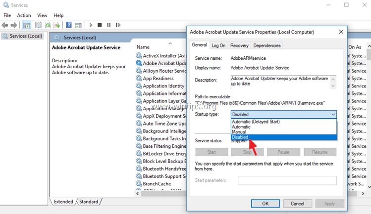  nonaktifkan Layanan Pembaruan Adobe Acrobat