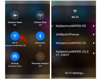 „iOS 13“ valdymo centro „Wi-Fi“ prieiga